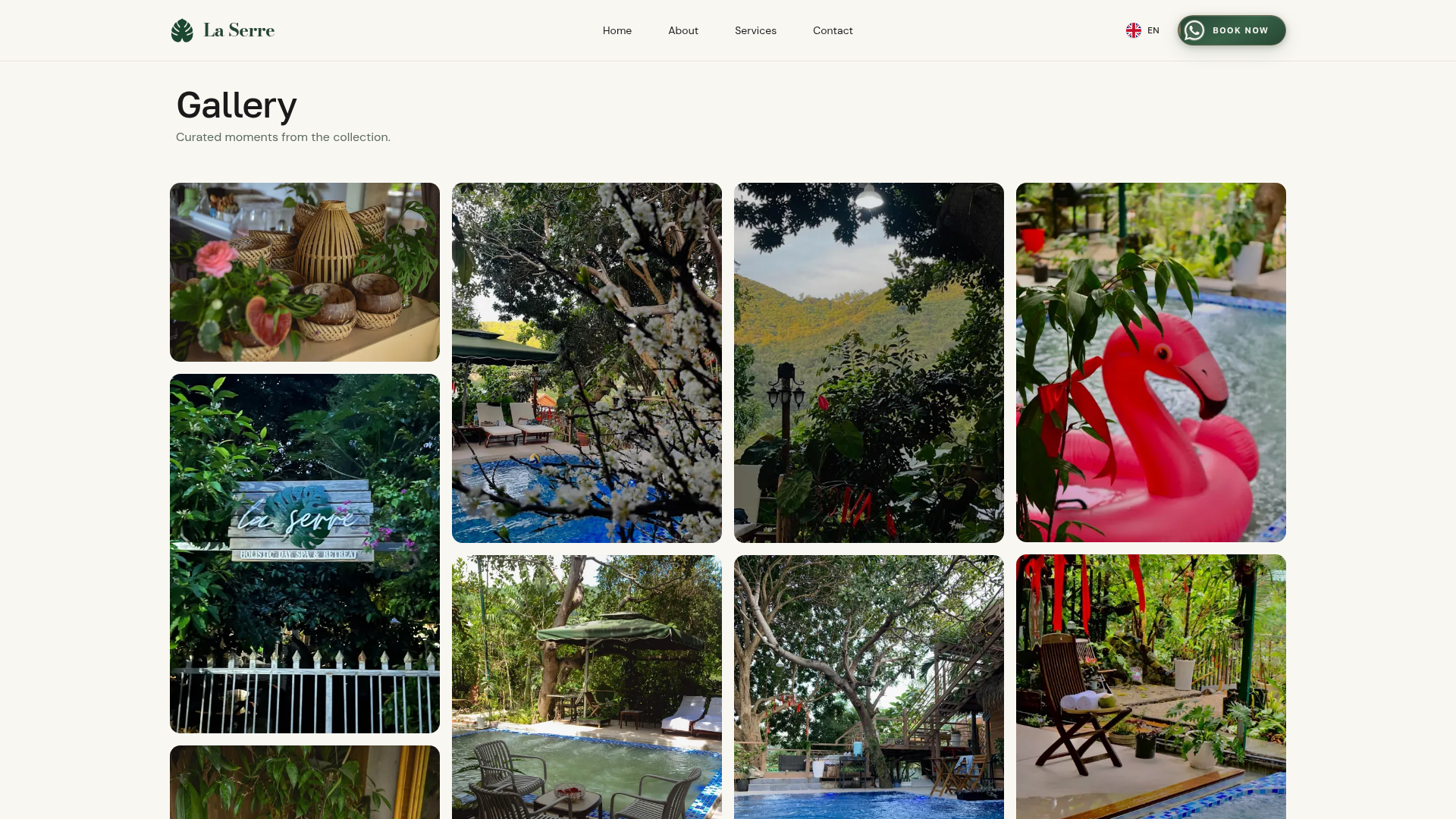 La Serre photo gallery grid showing the forest retreat spaces