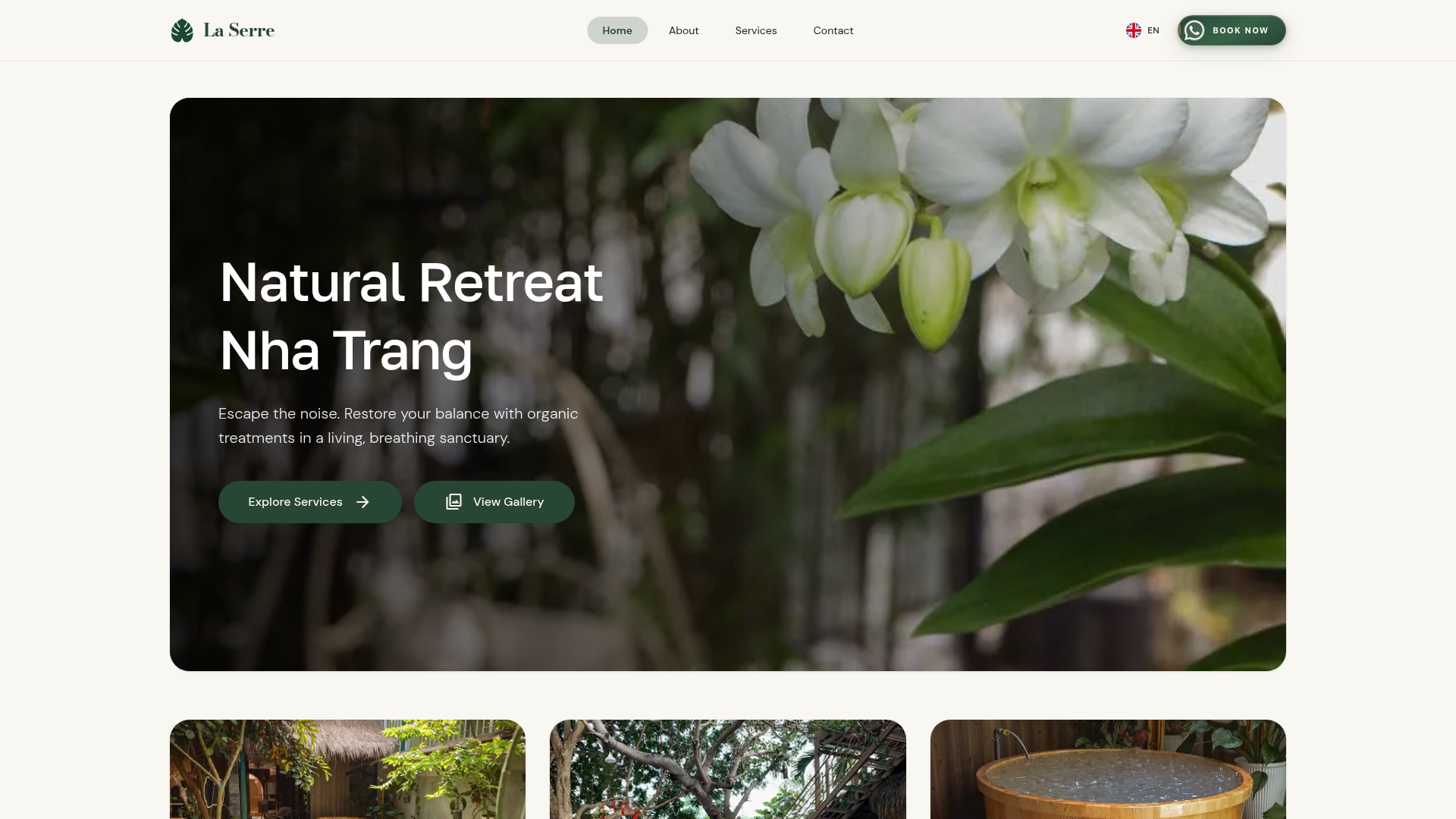 La Serre homepage showing the natural retreat hero with orchids and calls to action